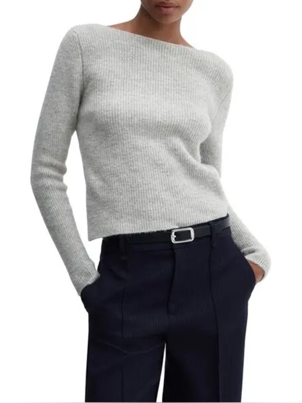 Mango Light Gray Ribbed Crewneck Sweater